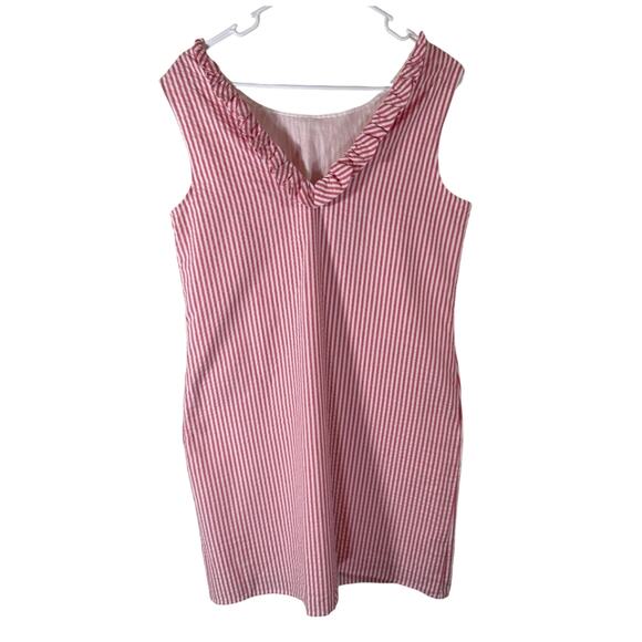 Crown and Ivy Pink White Seersucker Stripe Open Back Knee Length Ruffle Dress 10 - Picture 3 of 8